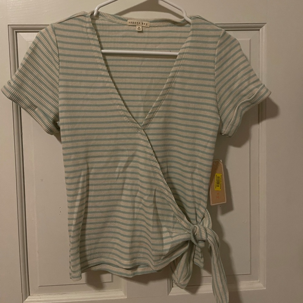 White/blue striped wrap shirt